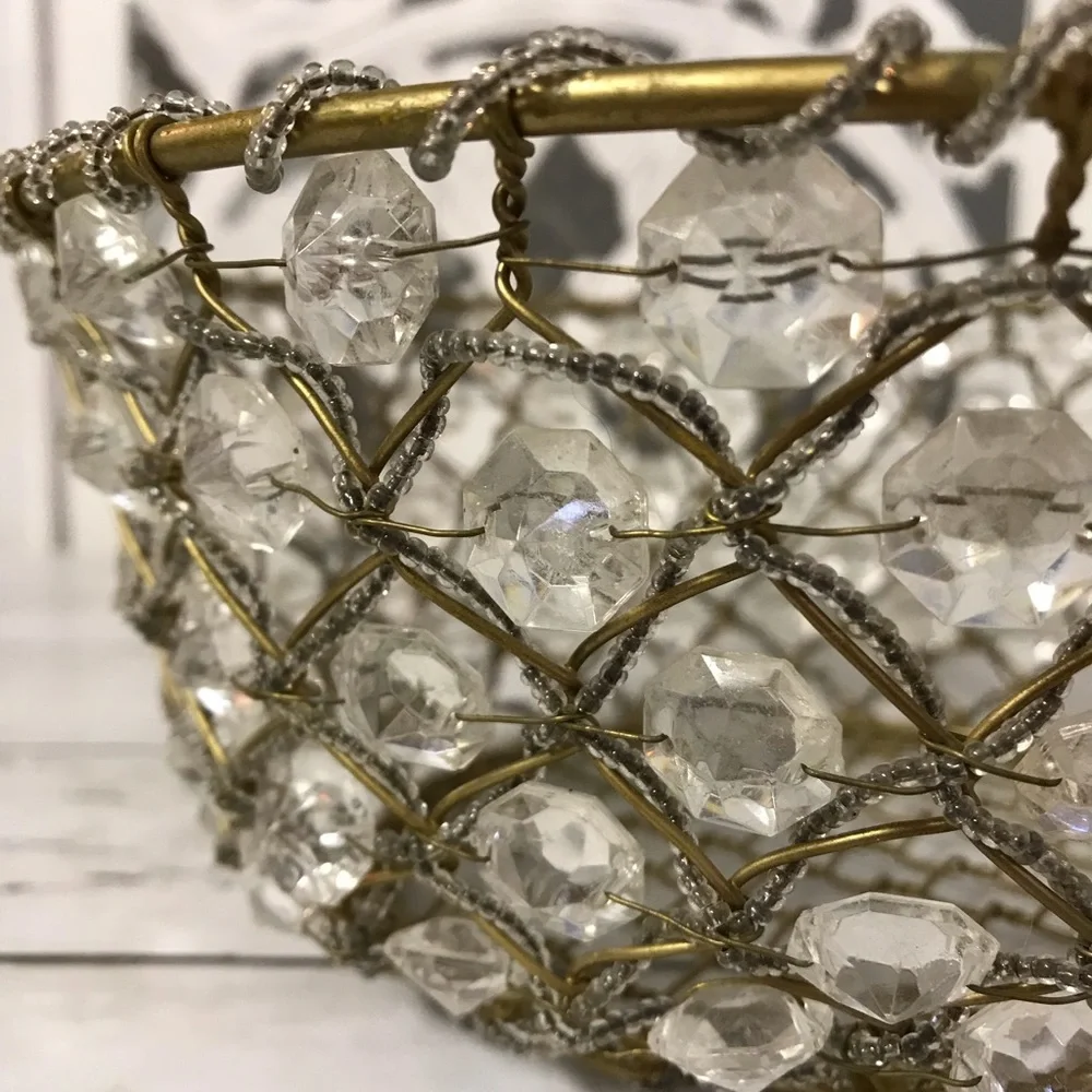 Rustic Vintage Wire Beaded Basket with Crystal Accents, Gold-Tone Tabletop Decor